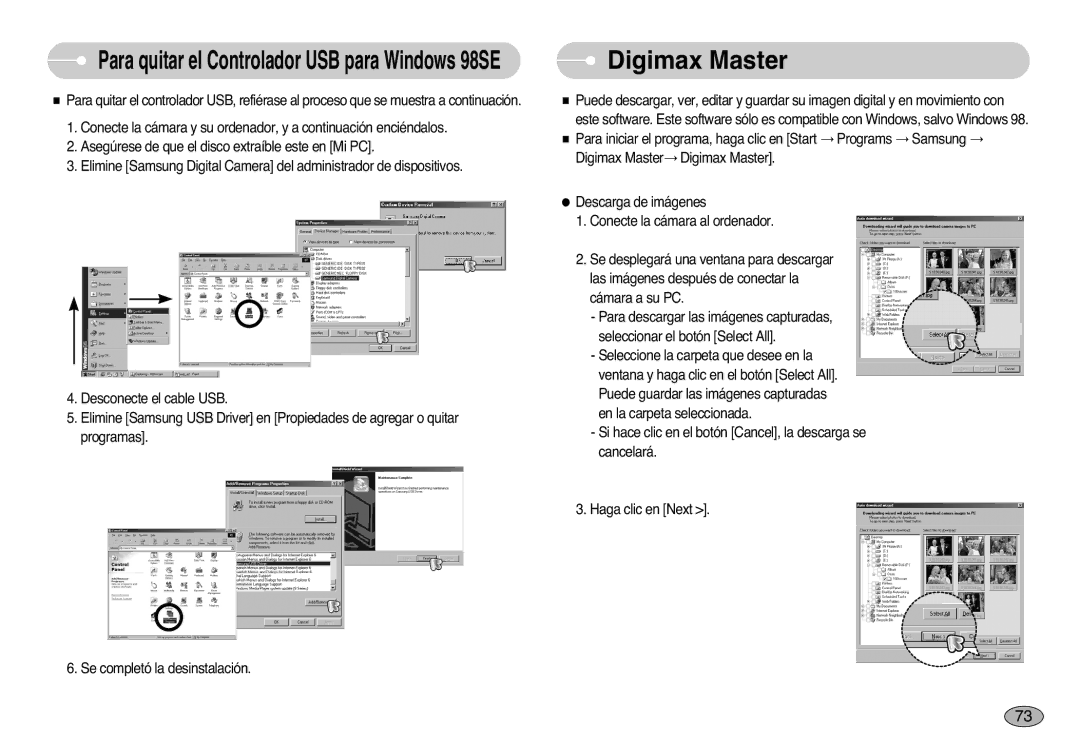 Samsung EC-S1000SBB/E1 manual Digimax Master, Para quitar el Controlador USB para Windows 98SE 