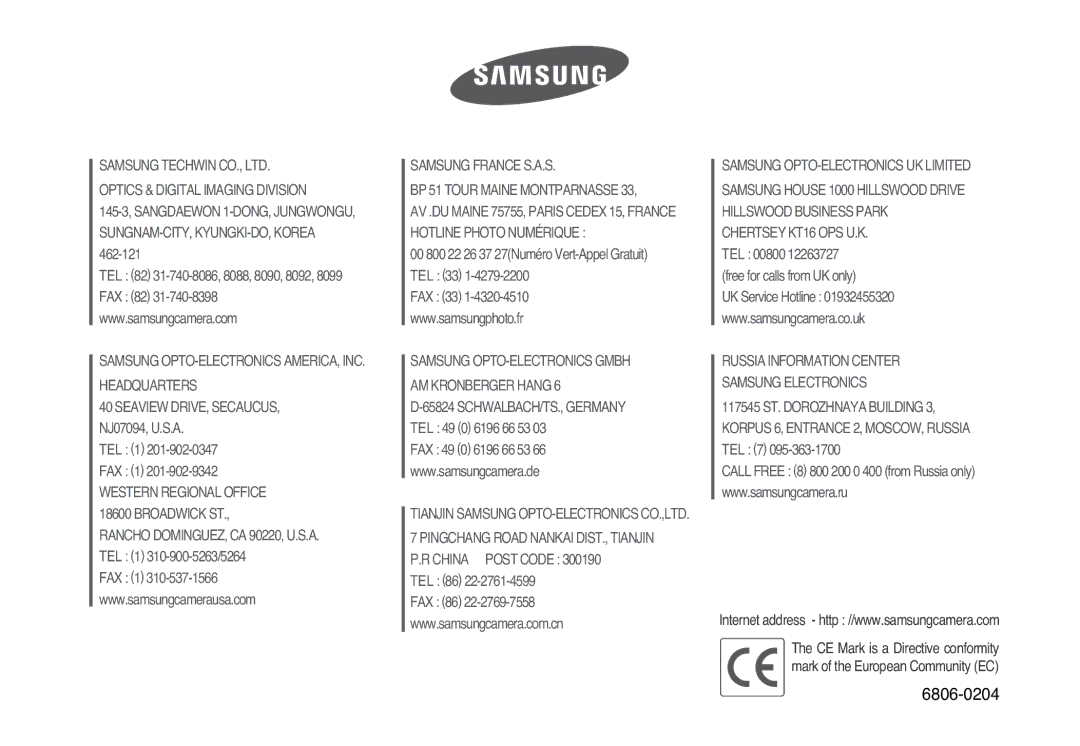 Samsung EC-S1000SBB/E1 manual 6806-0204 