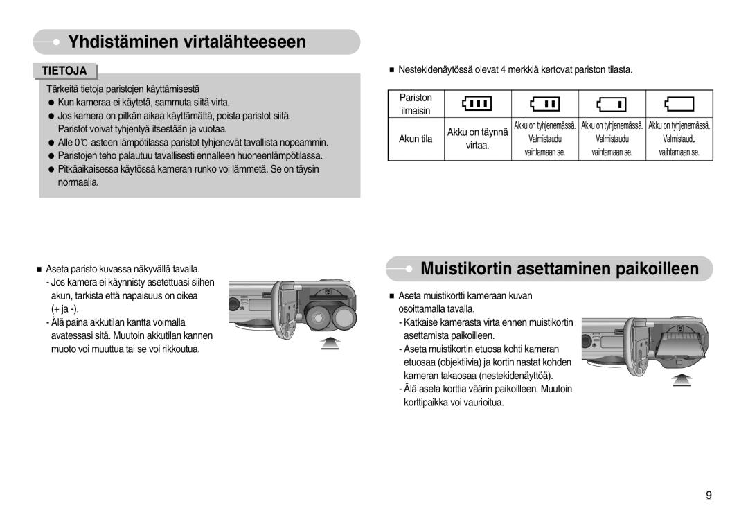 Samsung EC-S1000SBB/E1 manual Muistikortin asettaminen paikoilleen, Tietoja 