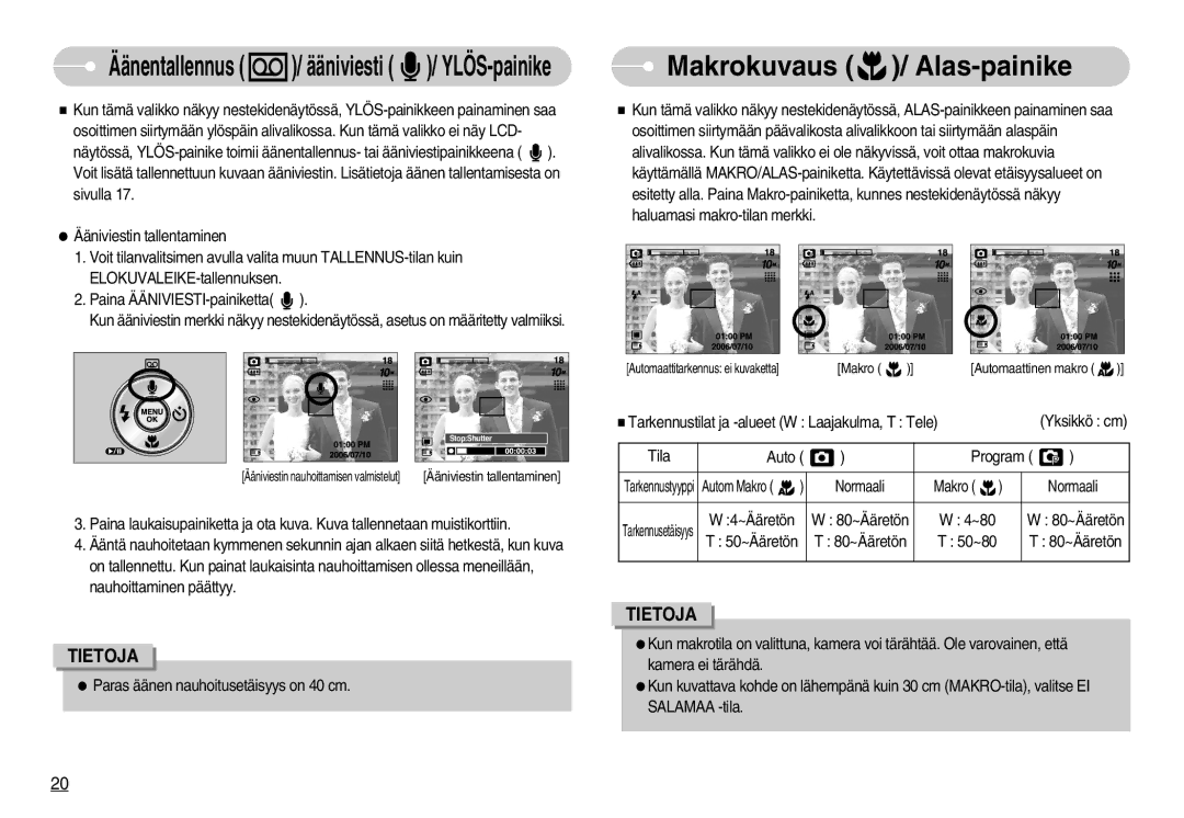 Samsung EC-S1000SBB/E1 manual Makrokuvaus / Alas-painike, Äänentallennus / ääniviesti / YLÖS-painike 