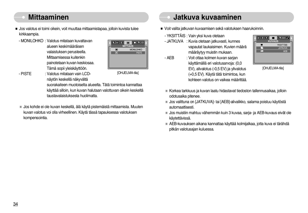 Samsung EC-S1000SBB/E1 manual Mittaaminen, Jatkuva kuvaaminen, Piste, Aeb 