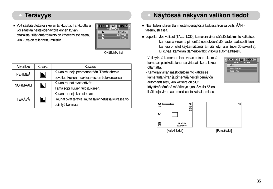 Samsung EC-S1000SBB/E1 manual Terävyys, Näytössä näkyvän valikon tiedot 