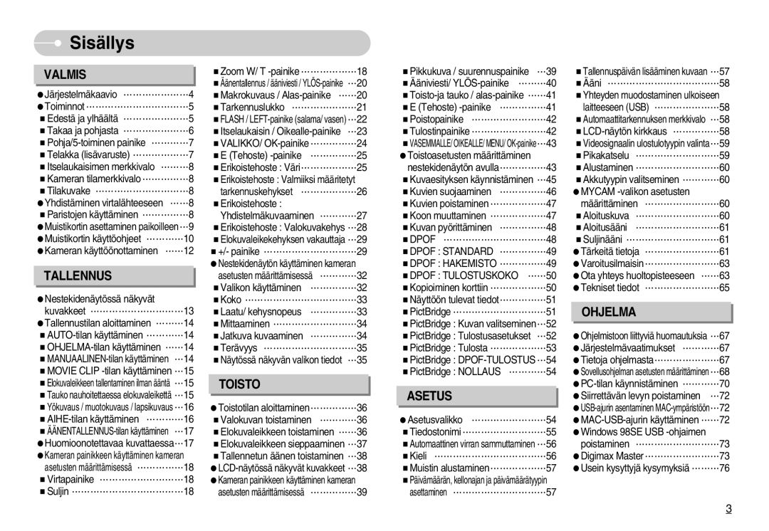 Samsung EC-S1000SBB/E1 manual Sisällys, Dpof Standard, Dpof Hakemisto, Dpof Tulostuskoko 