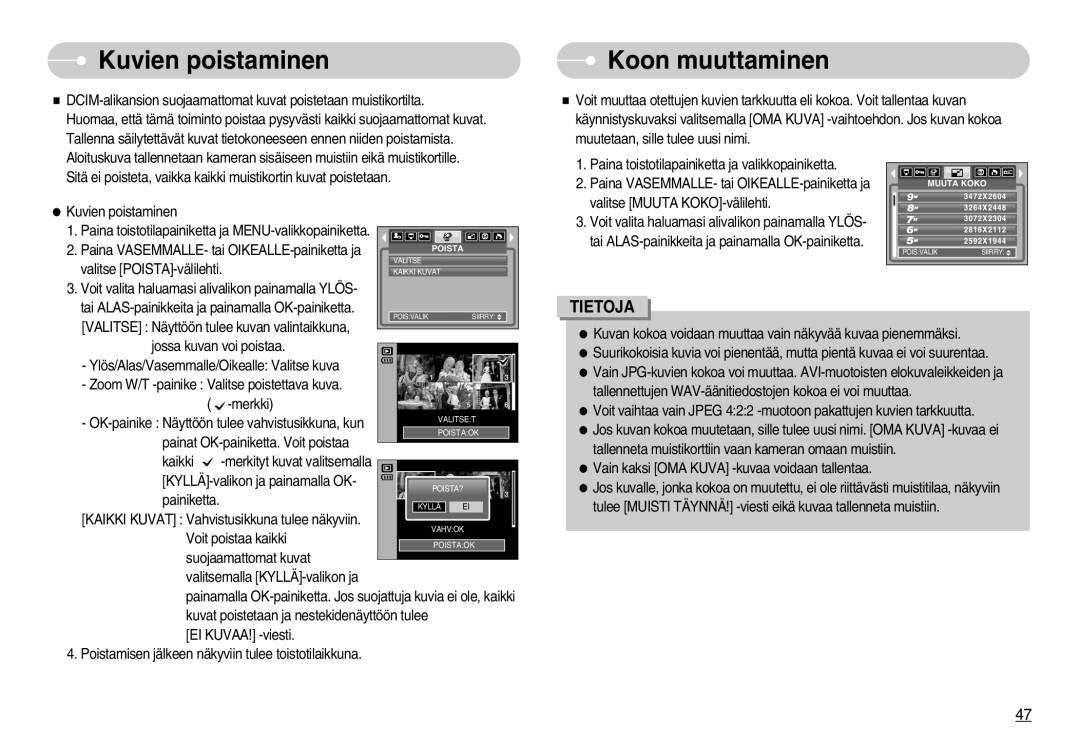 Samsung EC-S1000SBB/E1 manual Kuvien poistaminen, Koon muuttaminen 