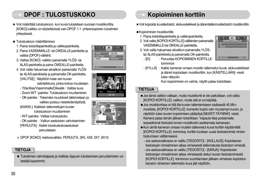 Samsung EC-S1000SBB/E1 manual Dpof Tulostuskoko, Kopioiminen korttiin 