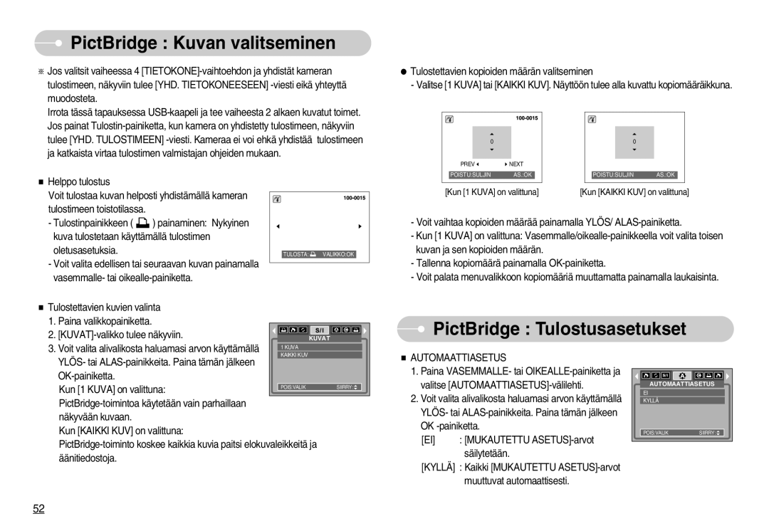 Samsung EC-S1000SBB/E1 manual PictBridge Kuvan valitseminen, PictBridge Tulostusasetukset, Automaattiasetus 