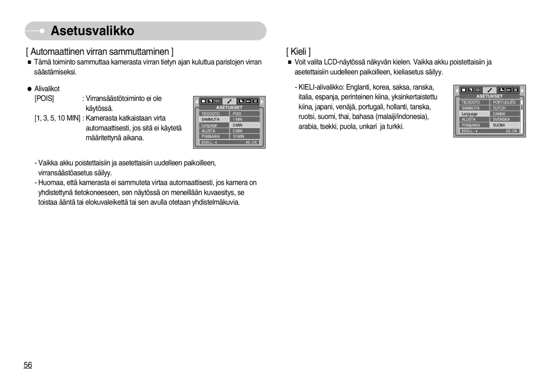 Samsung EC-S1000SBB/E1 manual Automaattinen virran sammuttaminen 