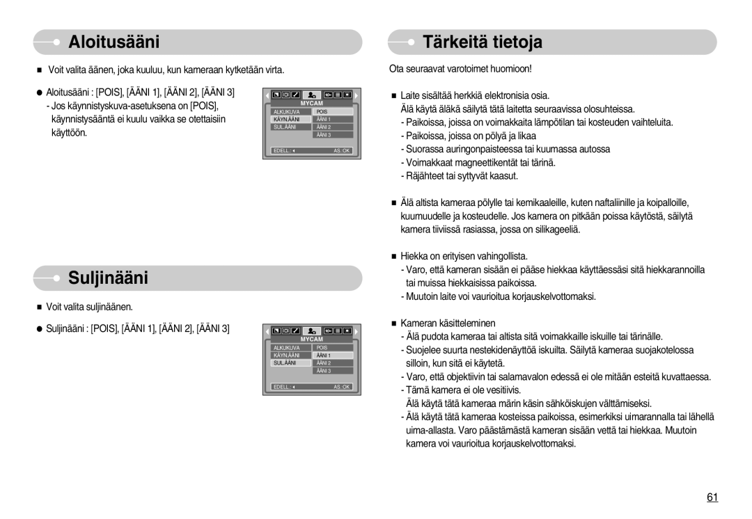 Samsung EC-S1000SBB/E1 manual Aloitusääni, Tärkeitä tietoja, Suljinääni 