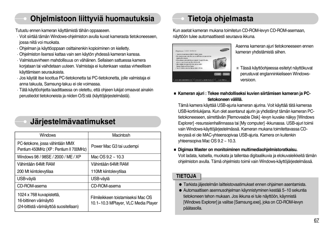 Samsung EC-S1000SBB/E1 manual Ohjelmistoon liittyviä huomautuksia, Järjestelmävaatimukset, Tietoja ohjelmasta 