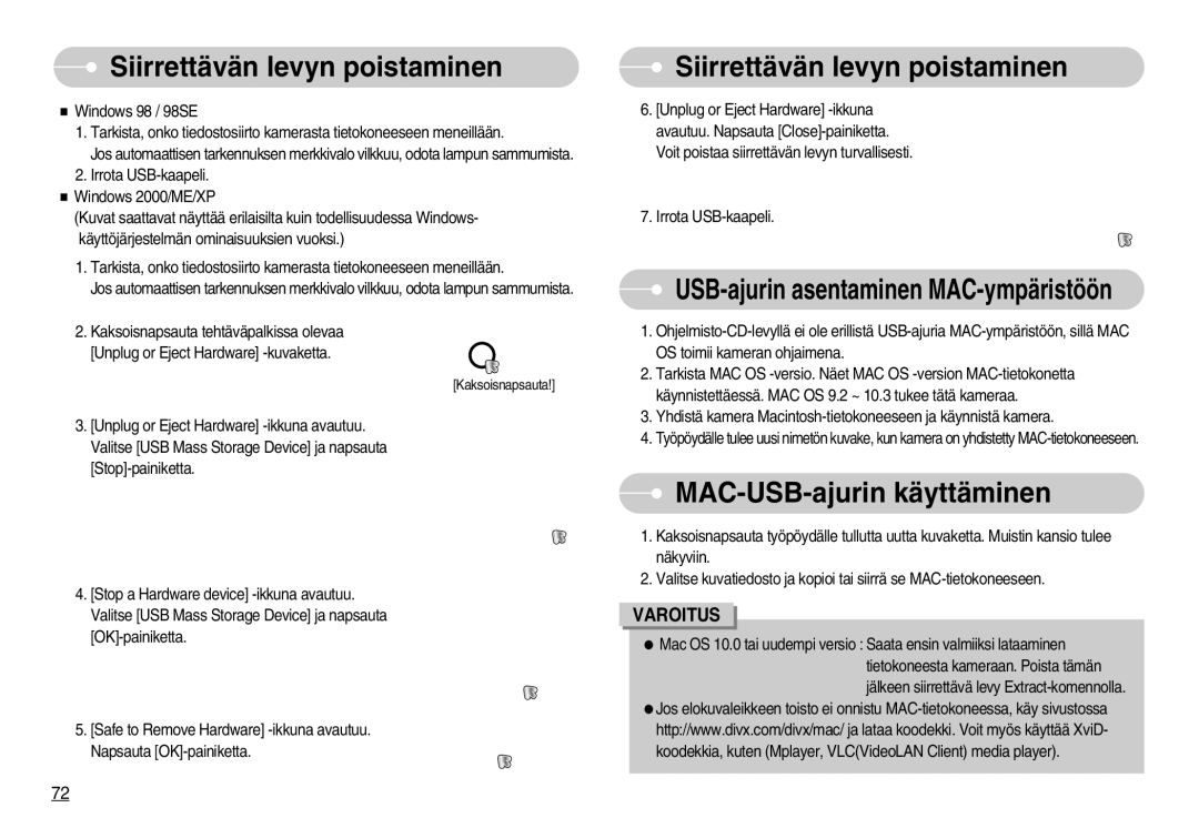 Samsung EC-S1000SBB/E1 manual Siirrettävän levyn poistaminen, MAC-USB-ajurin käyttäminen 