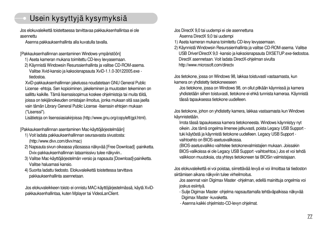 Samsung EC-S1000SBB/E1 manual Usein kysyttyjä kysymyksiä 