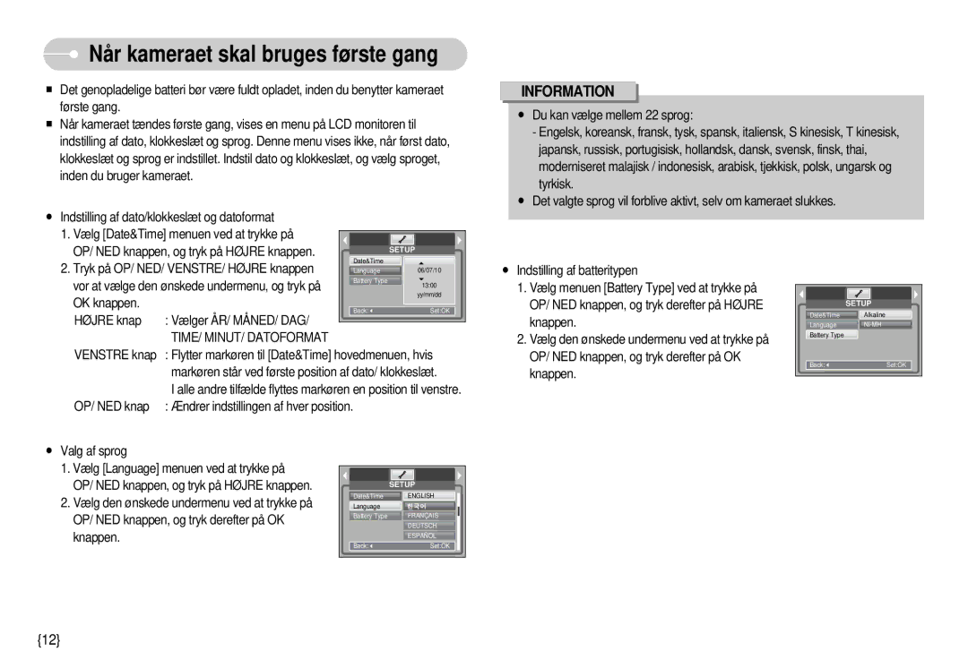 Samsung EC-S1000SBB/E1 manual Når kameraet skal bruges første gang, TIME/ MINUT/ Datoformat 