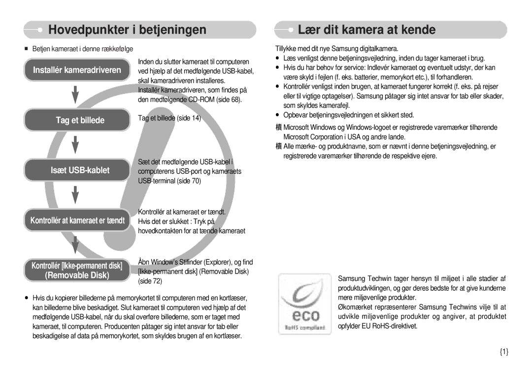 Samsung EC-S1000SBB/E1 manual Hovedpunkter i betjeningen Lær dit kamera at kende 