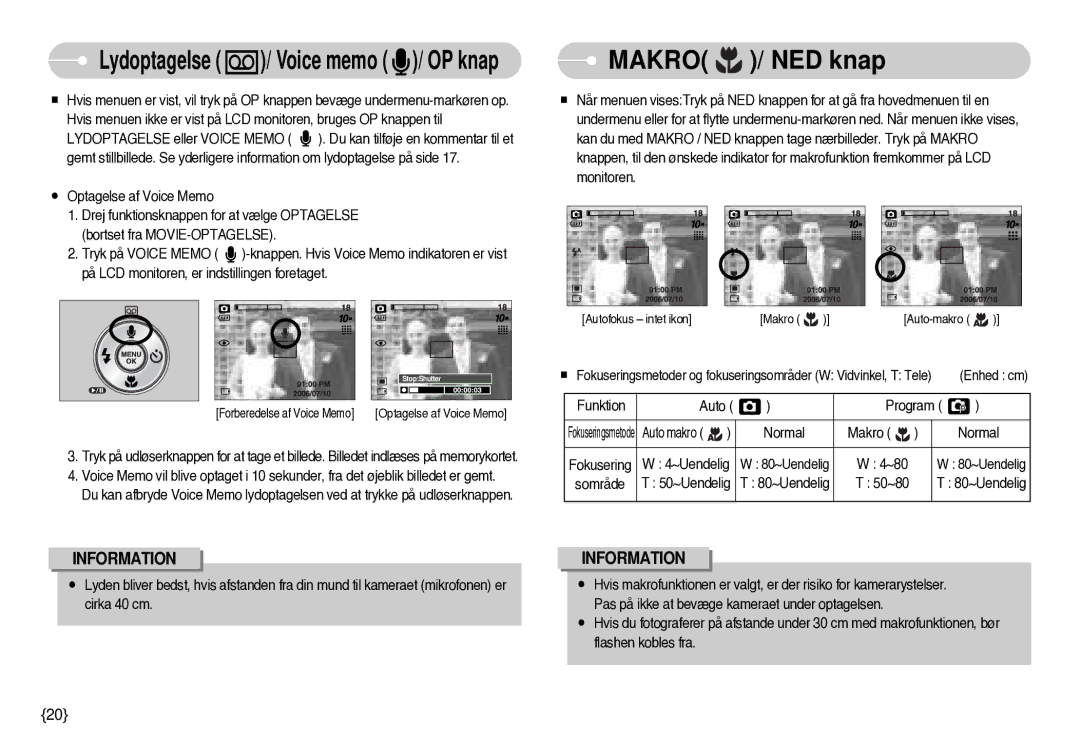 Samsung EC-S1000SBB/E1 manual Makro / NED knap, Lydoptagelse / Voice memo / OP knap 