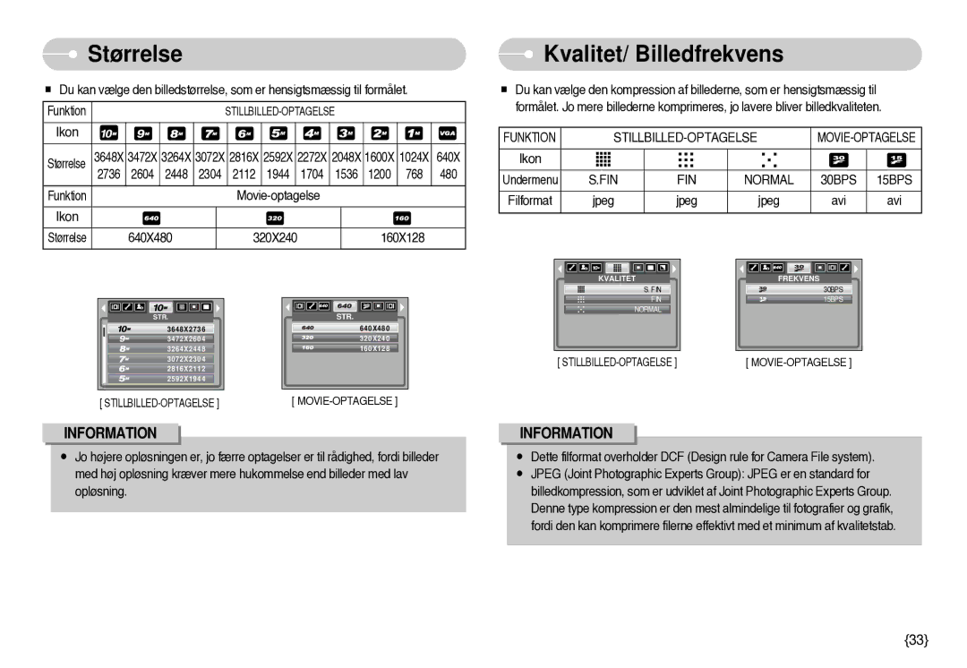 Samsung EC-S1000SBB/E1 manual Størrelse, Kvalitet/ Billedfrekvens, Normal 30BPS 15BPS 