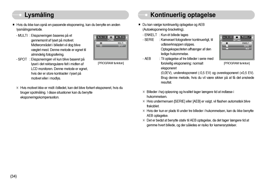 Samsung EC-S1000SBB/E1 manual Lysmåling, Kontinuerlig optagelse 