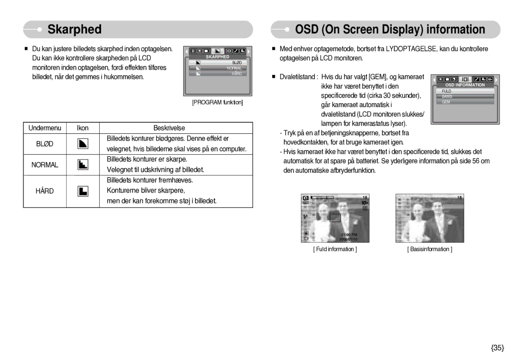 Samsung EC-S1000SBB/E1 manual Skarphed, OSD On Screen Display information 