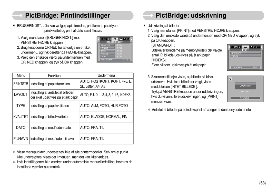 Samsung EC-S1000SBB/E1 PictBridge udskrivning, Auto, Alm, Foto, Hur.Foto, Auto, Kladde, Normal, Fin, Dato, Auto, Fra, Til 