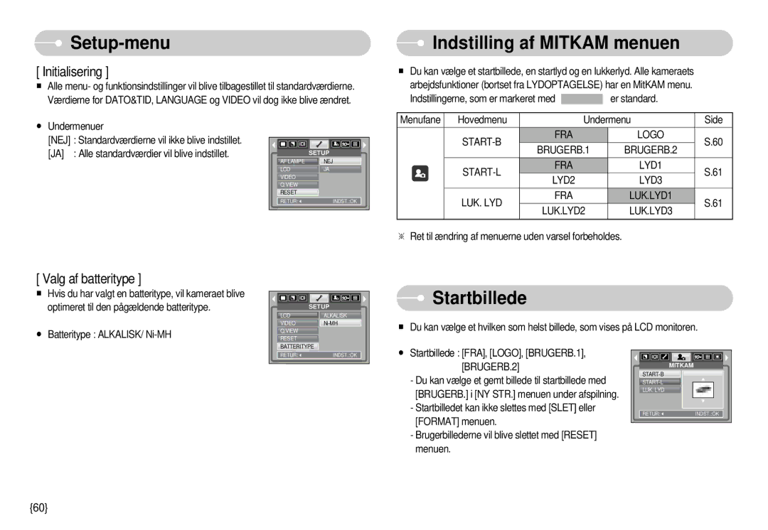 Samsung EC-S1000SBB/E1 manual Indstilling af Mitkam menuen, Startbillede 