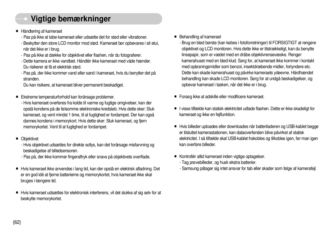 Samsung EC-S1000SBB/E1 manual Vigtige bemærkninger 