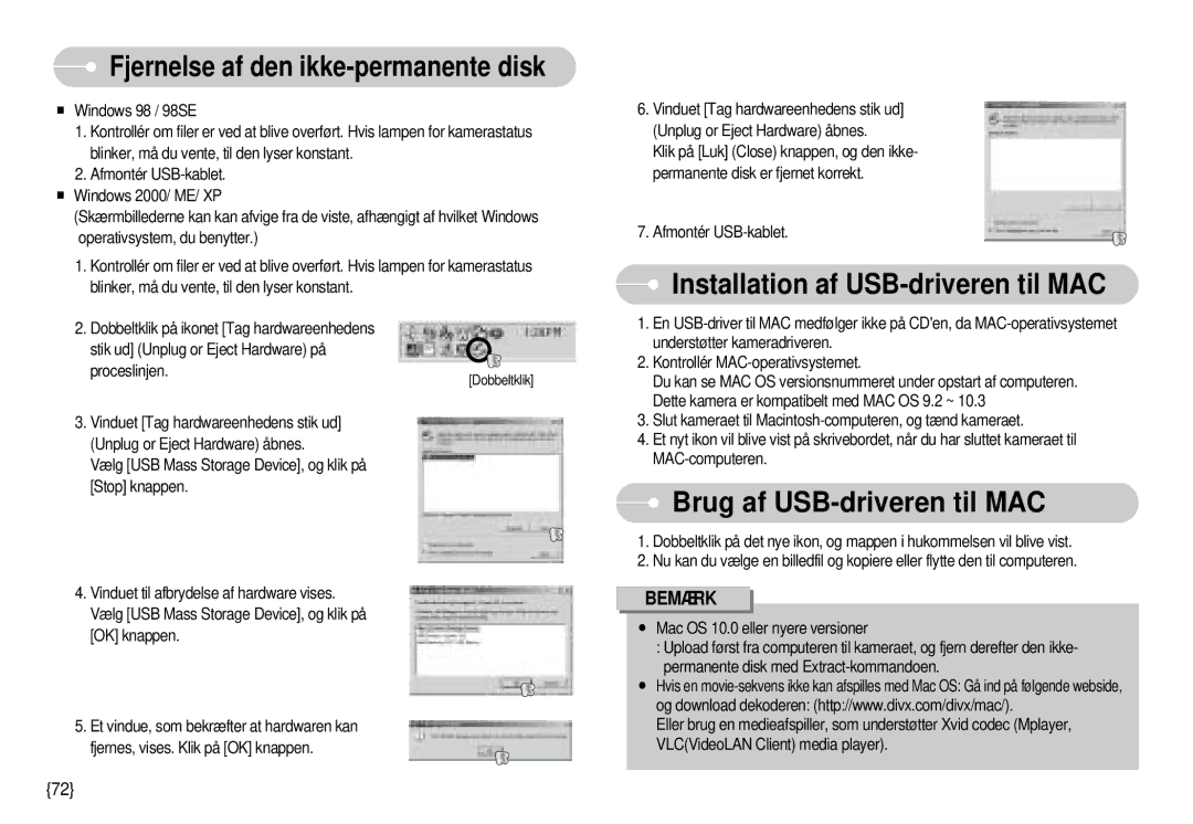 Samsung EC-S1000SBB/E1 manual Installation af USB-driveren til MAC, Brug af USB-driveren til MAC 