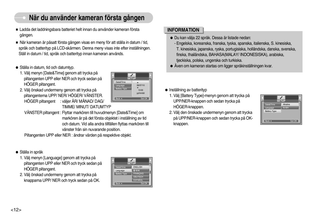 Samsung EC-S1000SBB/E1 manual När du använder kameran första gången, TIMME/ MINUT/ Datumtyp 