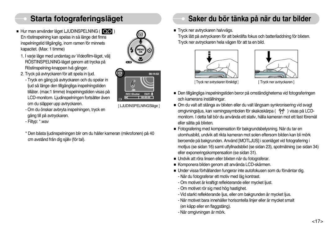 Samsung EC-S1000SBB/E1 manual Saker du bör tänka på när du tar bilder 