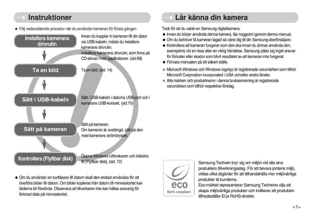 Samsung EC-S1000SBB/E1 manual Instruktioner, Lär känna din kamera 