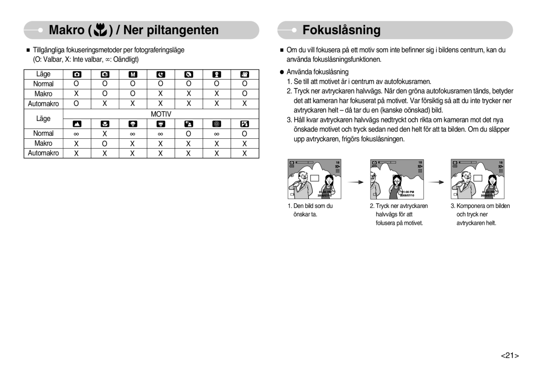 Samsung EC-S1000SBB/E1 manual Makro / Ner piltangenten, Fokuslåsning 