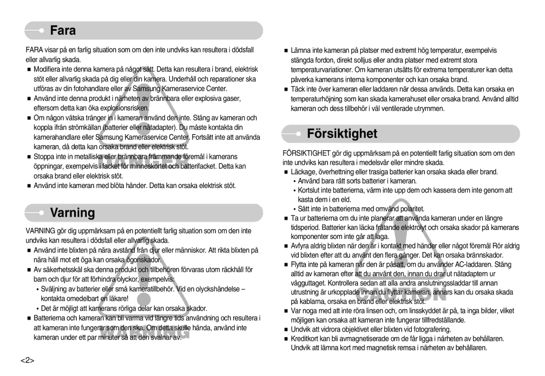 Samsung EC-S1000SBB/E1 manual Fara, Varning, Försiktighet 