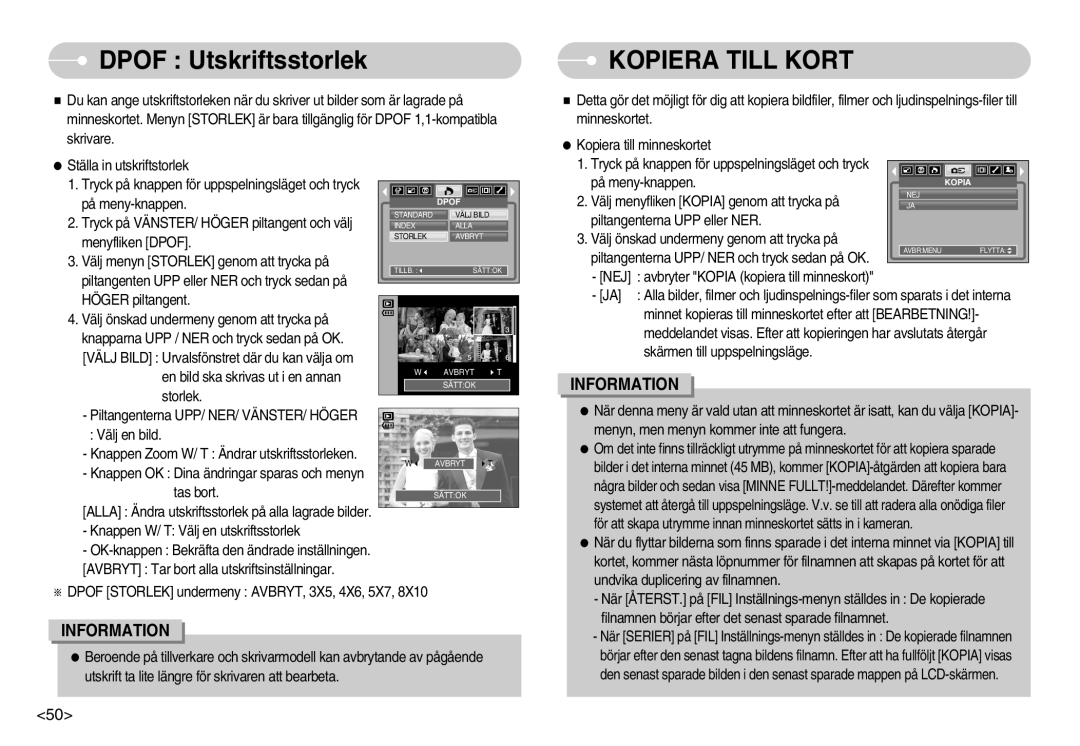 Samsung EC-S1000SBB/E1 manual Dpof Utskriftsstorlek, Kopiera Till Kort 