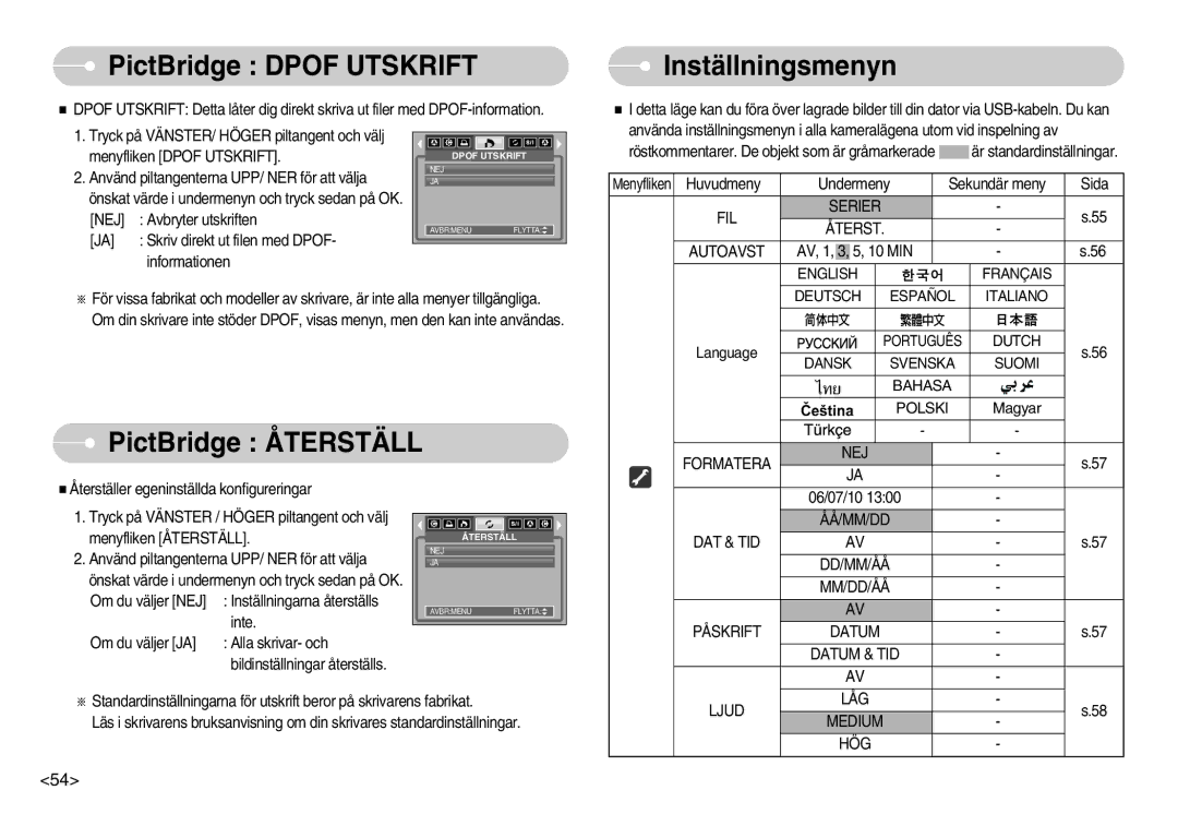 Samsung EC-S1000SBB/E1 manual PictBridge Dpof Utskrift, Inställningsmenyn, PictBridge Återställ 