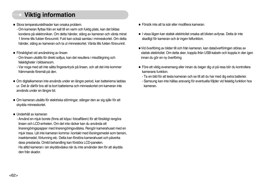 Samsung EC-S1000SBB/E1 manual Viktig information 