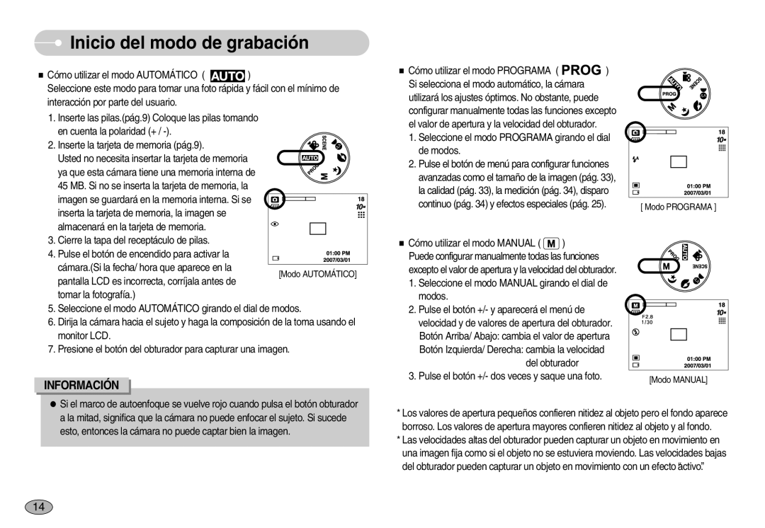 Samsung EC-S1030SBA/E1, EC-S1030BDC/DE, EC-S1030BBA/E1, EC-S1030BDA/AS, EC-S1030SBB/AS manual Inicio del modo de grabación 