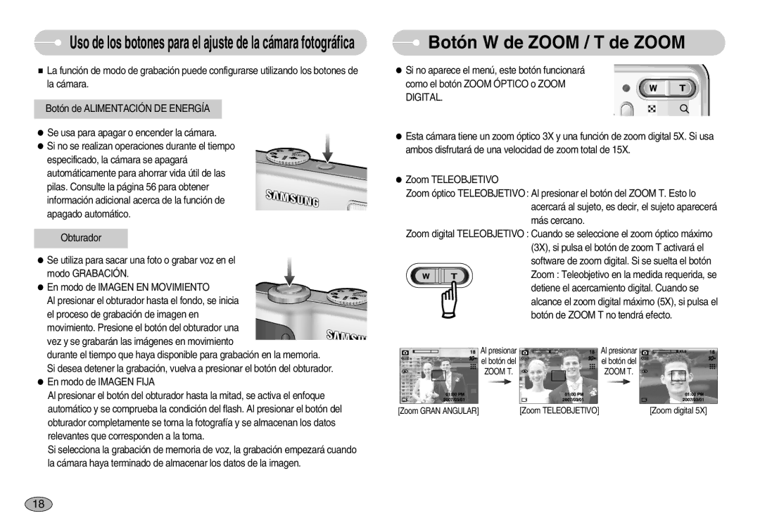 Samsung EC-S1030SBB/AS manual Botón W de Zoom / T de Zoom, Uso de los botones para el ajuste de la cámara fotográfica 