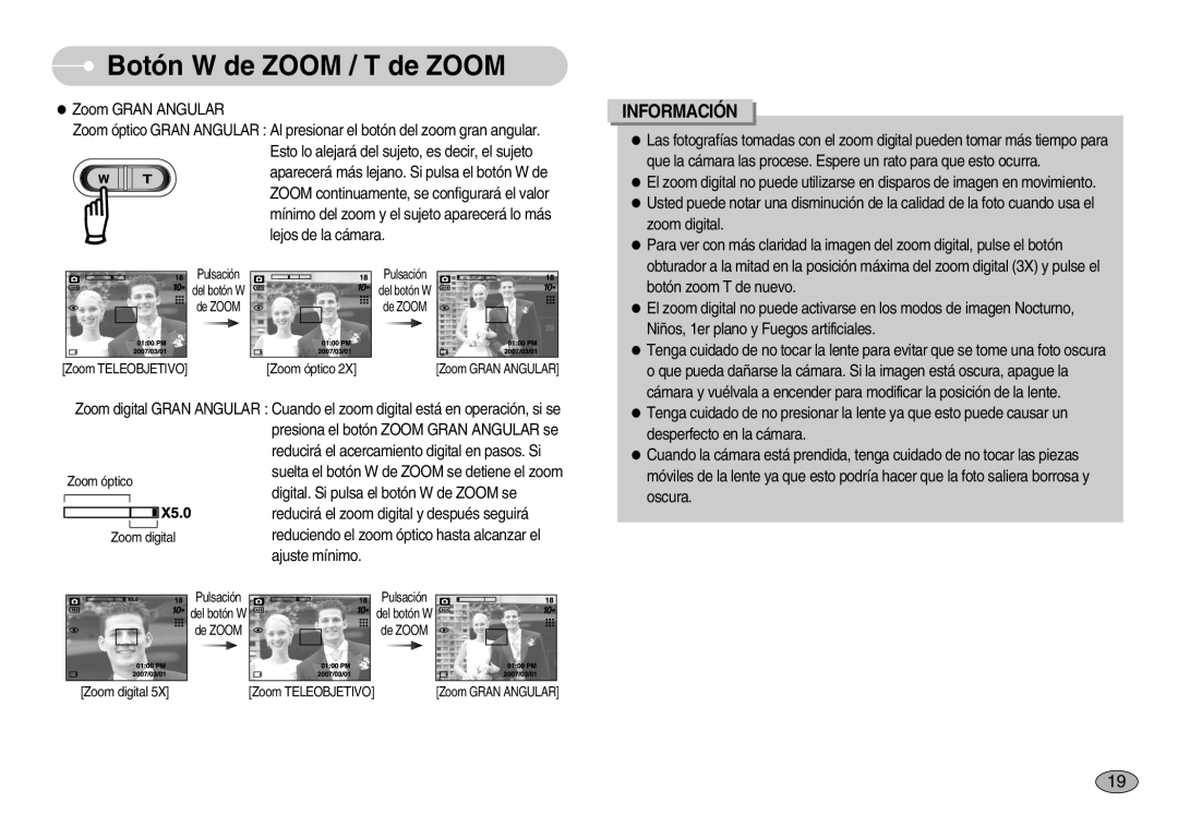 Samsung EC-S1030SBA/E1, EC-S1030BDC/DE, EC-S1030BBA/E1, EC-S1030BDA/AS manual Suelta el botón W de Zoom se detiene el zoom 