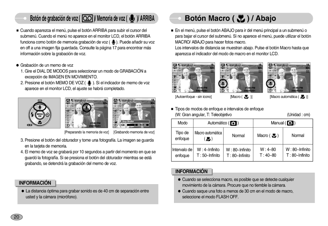 Samsung EC-S1030BDC/DE, EC-S1030SBA/E1 manual Botón Macro / Abajo, Botón de grabación de voz / Memoria de voz / Arriba 