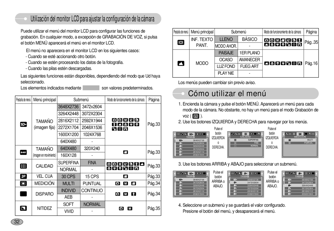 Samsung EC-S1030BDA/AS, EC-S1030SBA/E1, EC-S1030BDC/DE, EC-S1030BBA/E1, EC-S1030SBB/AS manual Cómo utilizar el menú 