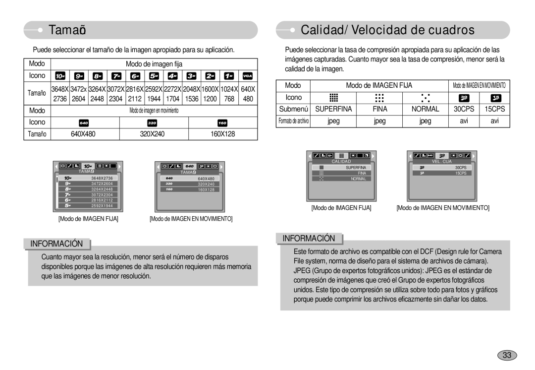 Samsung EC-S1030SBB/AS, EC-S1030SBA/E1 manual Tamaño, Calidad/ Velocidad de cuadros, Superfina Fina Normal 30CPS 15CPS 