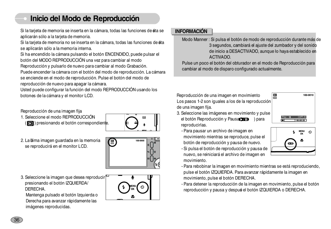 Samsung EC-S1030BBA/E1, EC-S1030SBA/E1, EC-S1030BDC/DE, EC-S1030BDA/AS manual Inicio del Modo de Reproducción, Activado 