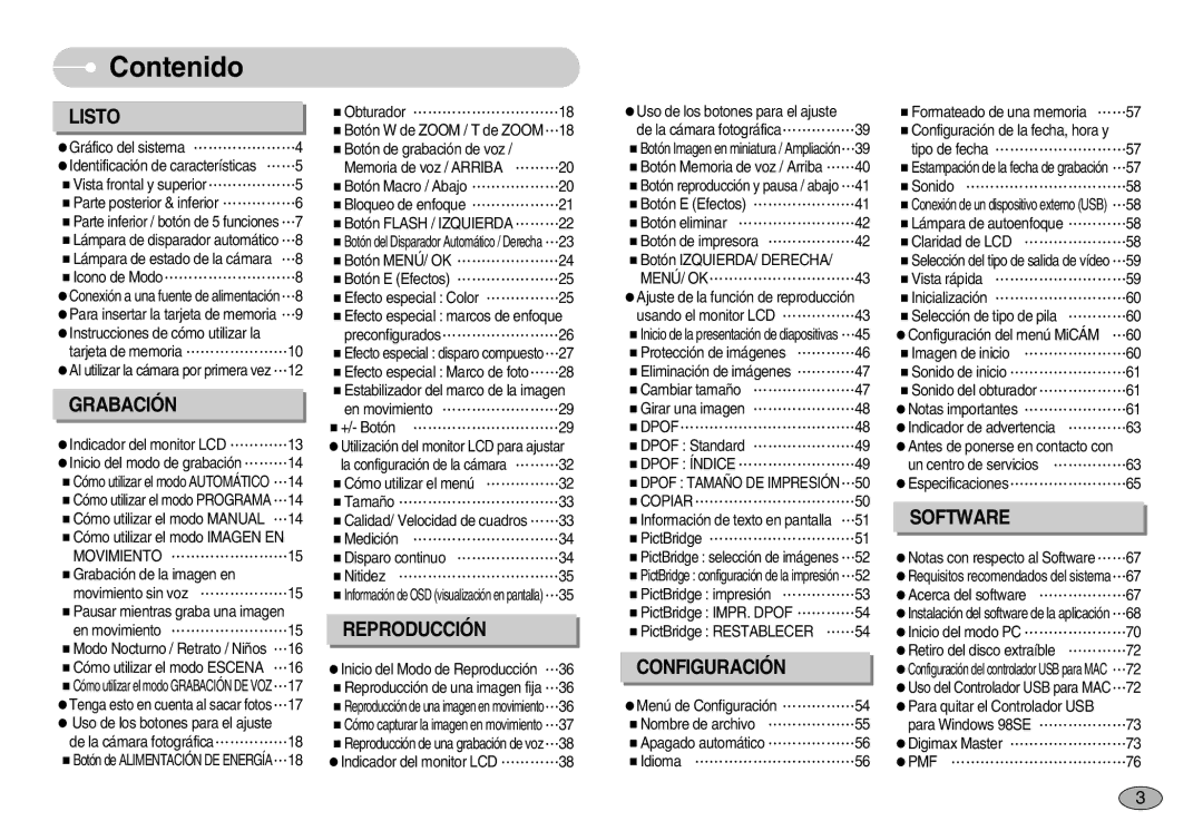 Samsung EC-S1030SBB/AS, EC-S1030SBA/E1, EC-S1030BDC/DE, EC-S1030BBA/E1, EC-S1030BDA/AS manual Contenido, Listo 