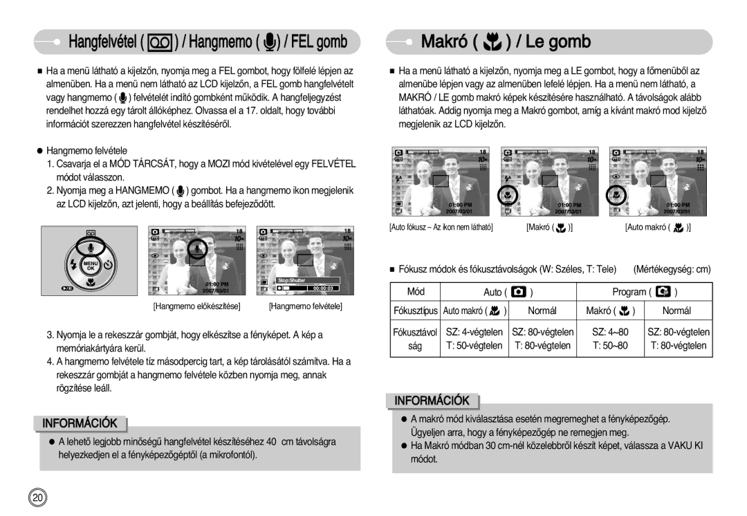 Samsung EC-S1030SBA/FI, EC-S1030SBA/E1, EC-S1030BDC/DE manual Makró / Le gomb, Hangfelvétel / Hangmemo / FEL gomb 