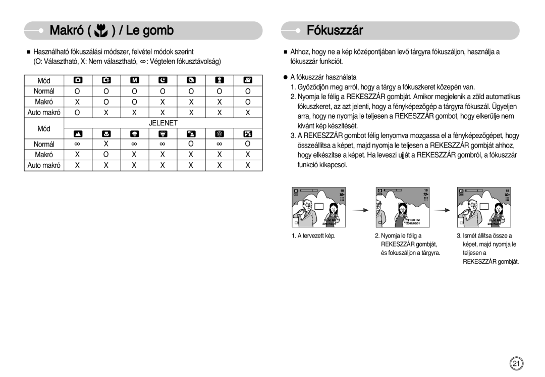 Samsung EC-S1030SBA/E1, EC-S1030SBA/FI, EC-S1030BDC/DE manual Makró Le gomb Fókuszzár, Jelenet 