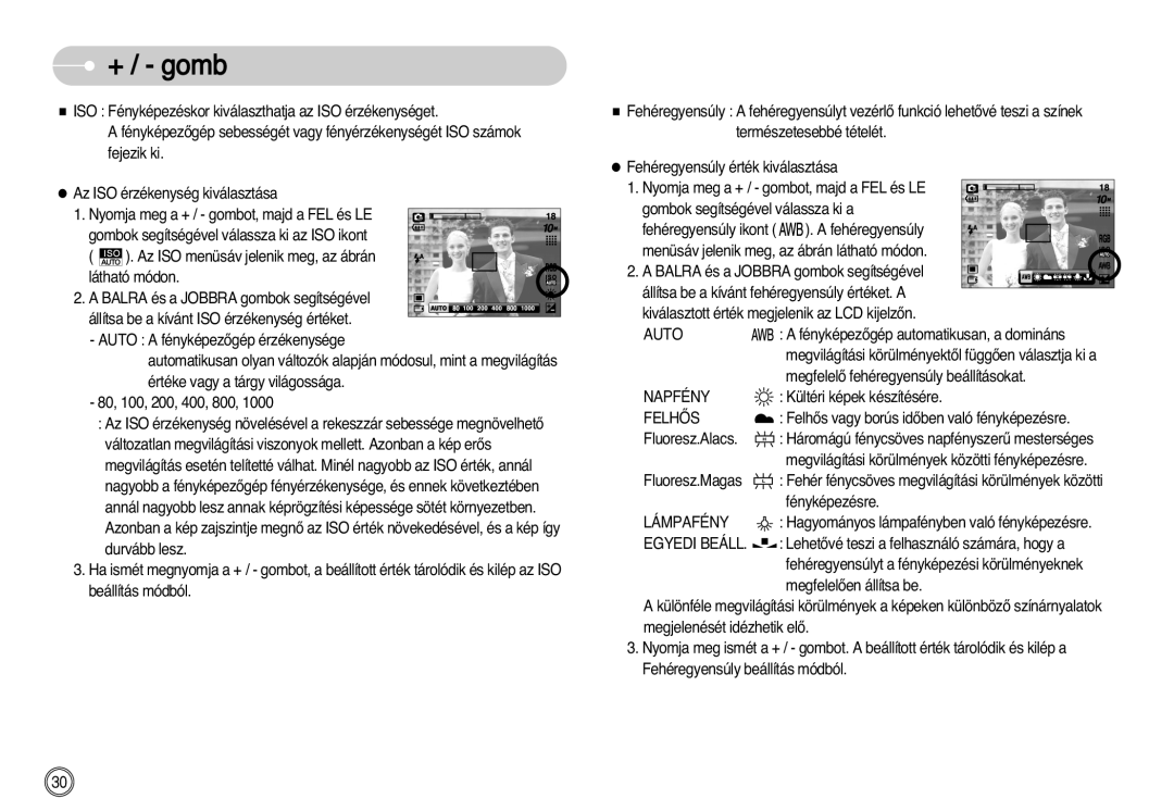 Samsung EC-S1030SBA/E1, EC-S1030SBA/FI, EC-S1030BDC/DE manual Napfény, Felhãs, Lámpafény, Egyedi Beáll 