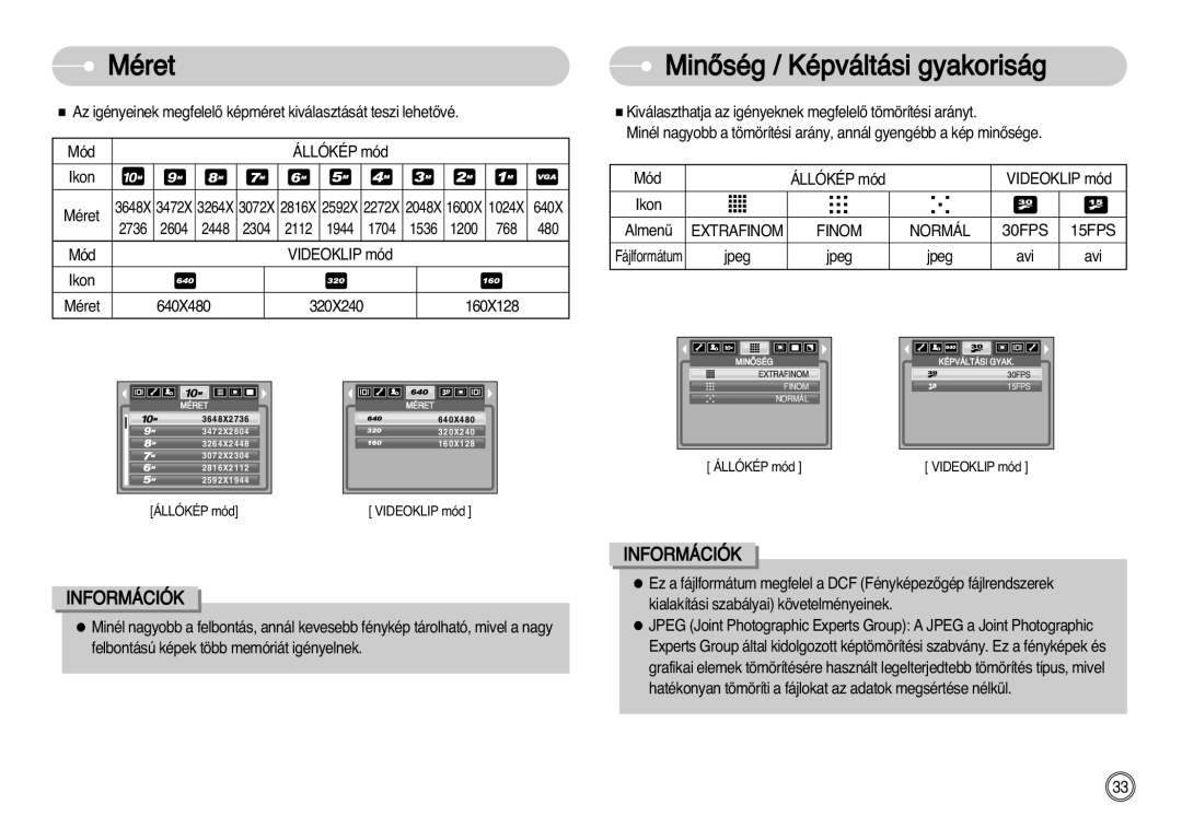 Samsung EC-S1030SBA/E1, EC-S1030SBA/FI, EC-S1030BDC/DE manual Méret, MinŒség / Képváltási gyakoriság, Finom Normál 