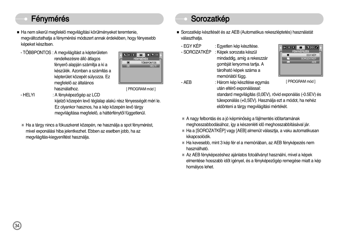 Samsung EC-S1030BDC/DE, EC-S1030SBA/FI, EC-S1030SBA/E1 manual Fénymérés, Sorozatkép, Helyi 