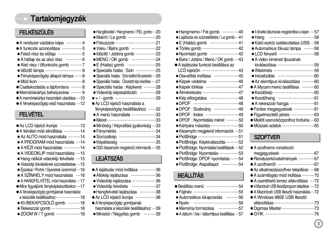 Samsung EC-S1030SBA/E1, EC-S1030SBA/FI, EC-S1030BDC/DE manual Tartalomjegyzék, Felkészülés 