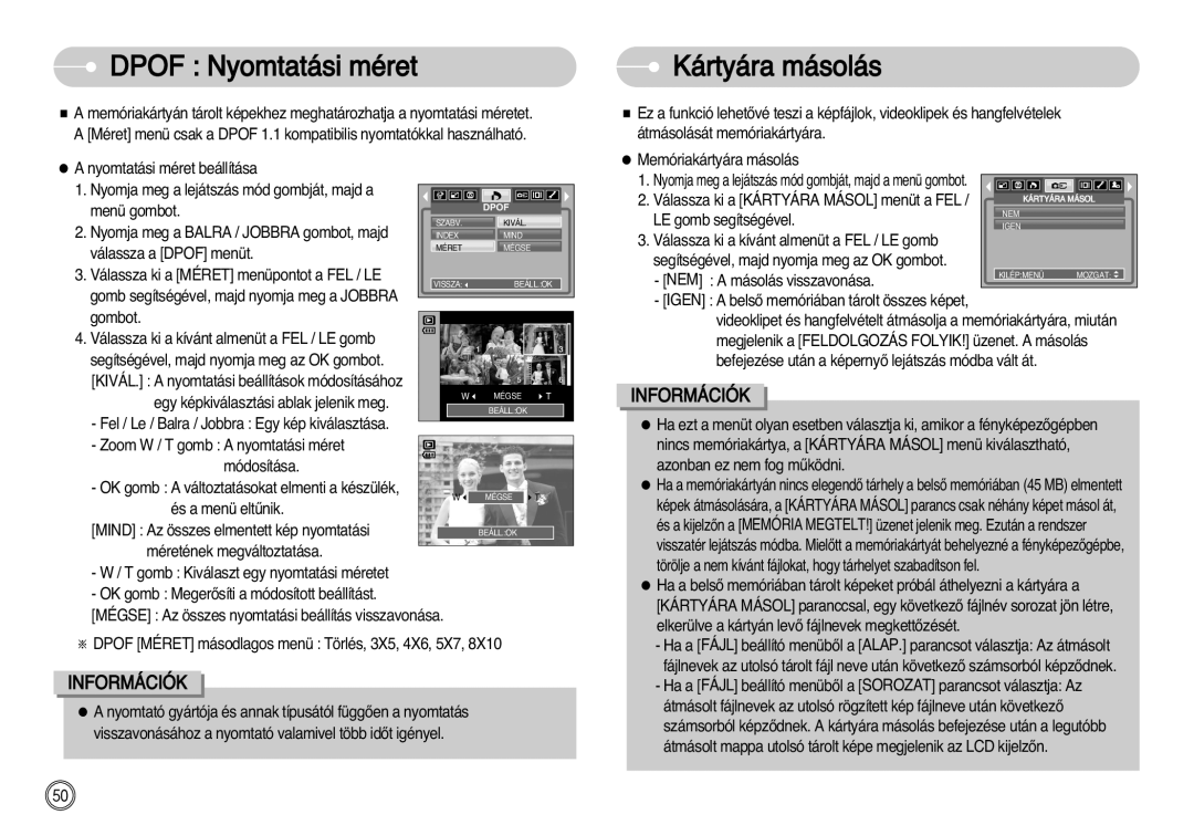 Samsung EC-S1030SBA/FI, EC-S1030SBA/E1, EC-S1030BDC/DE manual Dpof Nyomtatási méret, Kártyára másolás 