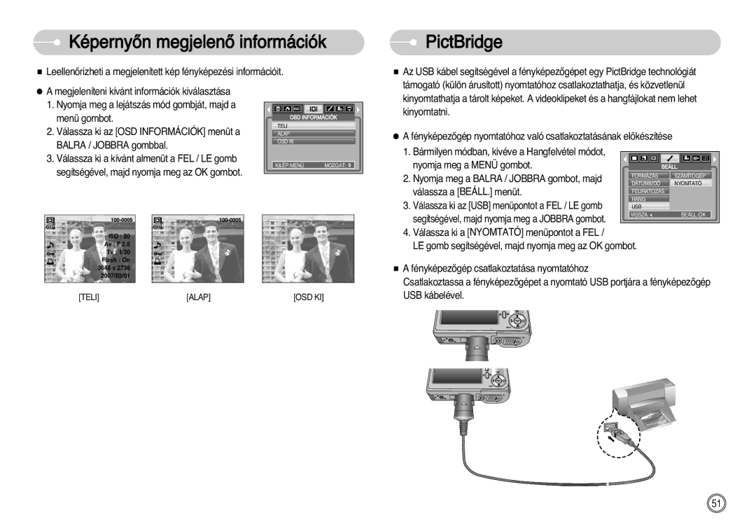 Samsung EC-S1030SBA/E1, EC-S1030SBA/FI, EC-S1030BDC/DE manual KépernyŒn megjelenŒ információk, PictBridge 