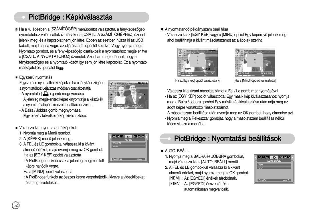 Samsung EC-S1030BDC/DE, EC-S1030SBA/FI manual PictBridge Képkiválasztás, PictBridge Nyomtatási beállítások, AUTO. Beáll 